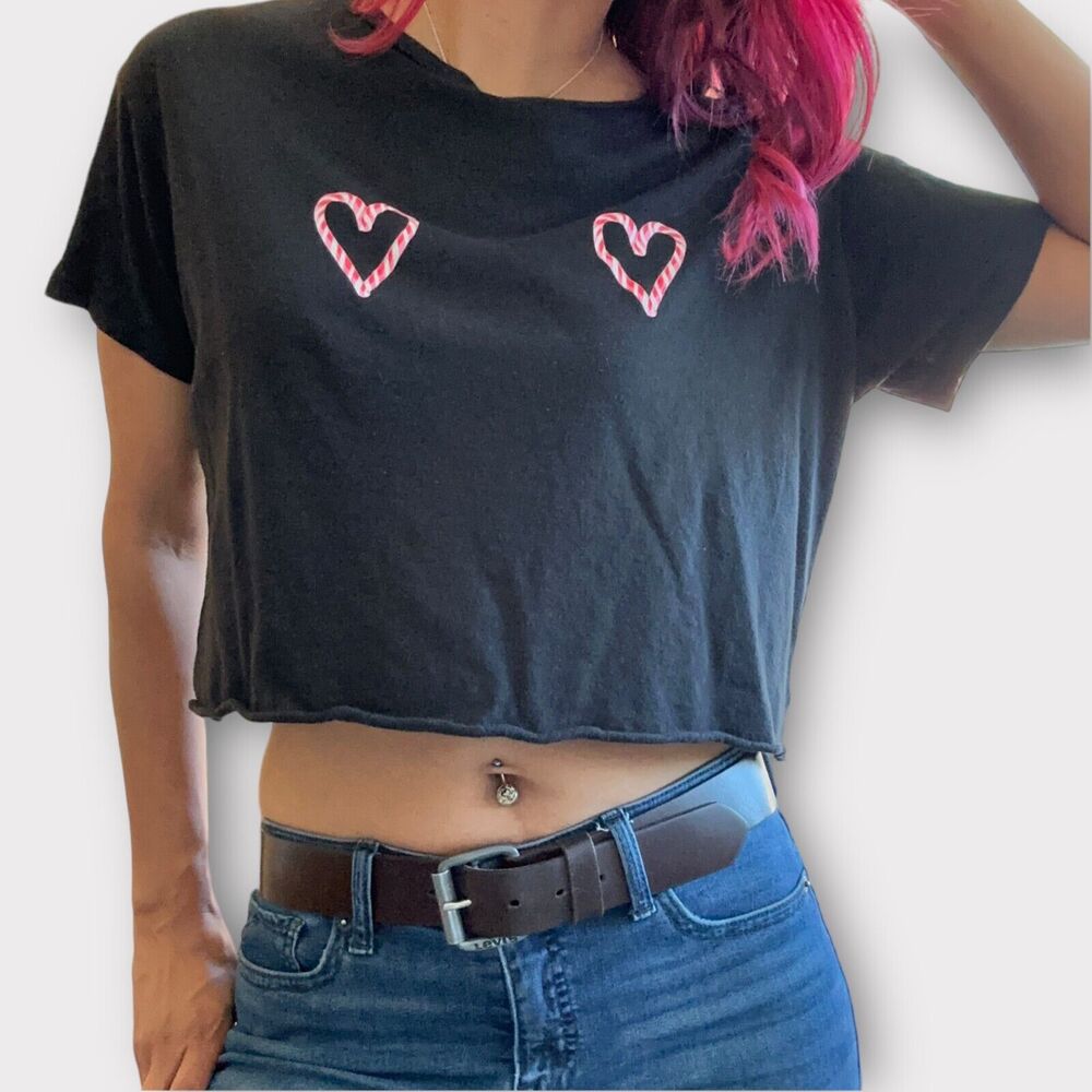Victorias Secret PINK Cropped Top Candy Cane Hearts Shirt Medium Black Christmas